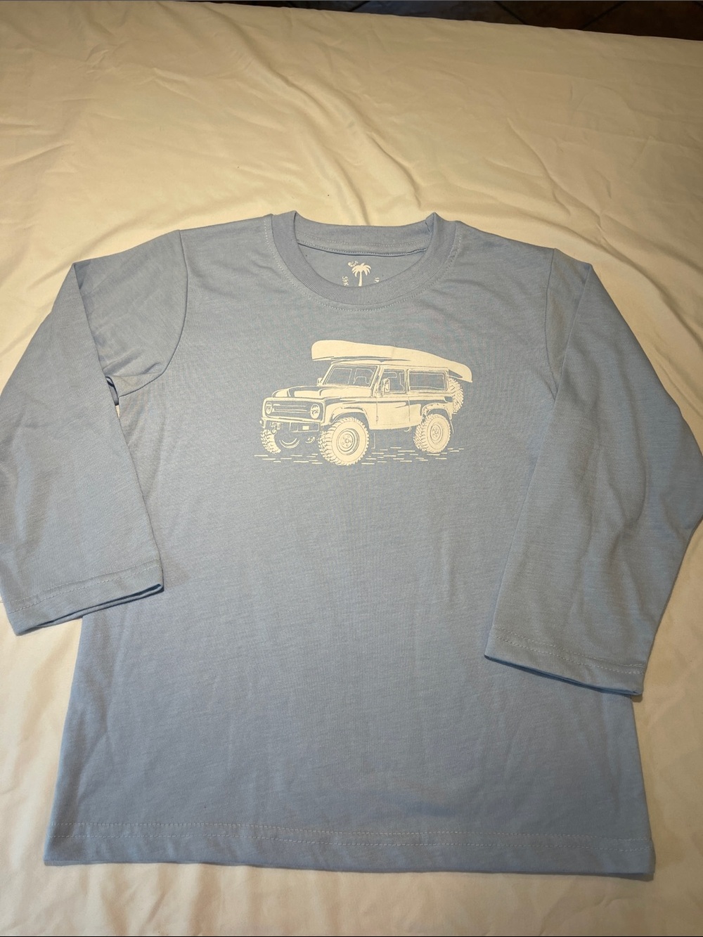 Kids Light Blue Long Sleeve Tee with Truck and Canoe Graphic